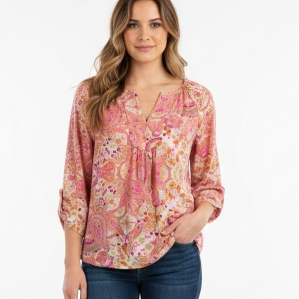 Alice & Trixie Pink Paisley Floral 100% Silk Peasant Blouse Size M